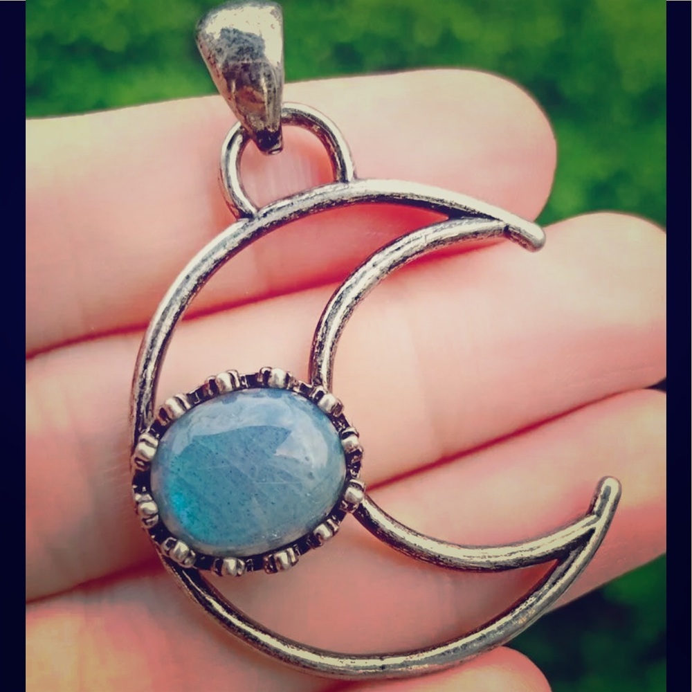 Labradorite Stone Moon Crescent Necklace Silver